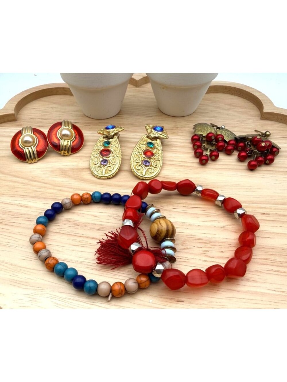 Vintage Statement Earrings & Beaded Bracelets Set Red Gold Multicolor Jewelry Co
